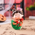 Cute resin traditional Chinese girl figurine in green and red dress with pink flower - 1056-1B Dancing Large