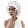 Elegant white satin sleep bonnet with wide elastic band and long tie straps for hair care - Medium / White