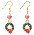 Christmas wreath earrings with pink bead and red bow on a gold hook hanger - Pink Bead Wreath (EHMT-034HJ-YS)