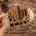 Handmade crown with clear quartz crystals, tiger eye stones, and a golden crescent moon charm - Tiger Eye+No.3 Crystal+Gold Branch+Gold Moon