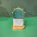 Arch-shaped dark green velvet jewelry display stand with gold metal frame and five hooks - Small Necklace Stand