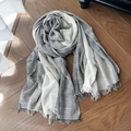 Artistic Japanese style grey and white gradient linen scarf with fringe edges on wood - Grey Gradient