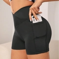High-waisted black yoga shorts with crossover waistband and functional side pockets - S / Dark Gray