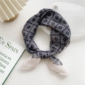 Blue and white geometric cotton linen square scarf with a silky satin edge finish - Grid Black
