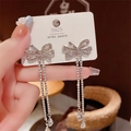 Elegant silver-tone S925 silver needle bow drop earrings with long tassel crystals - Bowknot Waterdrop Tassel (E0339) 925 Sterling Silver Earring Post