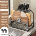 Gunmetal multi-function kitchen knife and cutting board rack with hooks, 25x16x22.5cm - Upgraded 4-Slot Knife Rack With Drip Tray-Gun Grey (Free Hooks*2)