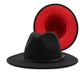 Classic black and red two-tone wool fedora hat with black leather belt and gold buckle - M (56-58cm) / Black & Red