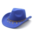 Detail of navy blue felt cowboy hat featuring ethnic patterned band and bronze coin charms - M (56-58cm) / Sapphire Blue