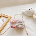Pink tweed girls mini princess bag with pearl handle and decorative love bow detail - Pink Small Floral