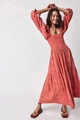 Charmantes korallenrotes Maxi-Kleid mit Smok-Effekt, Karree-Ausschnitt und Stickerei - Wassermelonenrot