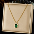 Gold-plated stainless steel chain with square emerald pendant and diamond accent - Emerald Rectangular Pendant Style (N3929)