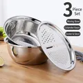 3-piece thickened stainless steel set with solid basin, drain basket and multi-grater lid - 3-Piece Grater Drain Basin Set / 26cm