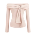 Pink off-the-shoulder long sleeve top with a large decorative bow and slim fit design - S / Mist Pink