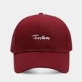 Close-up of Forever embroidery on a premium dark red cotton twill baseball cap - Adjustable / Burgundy