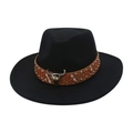 Classic black wool fedora with a studded leather band and western steer skull ornament - One Size / Black (Diamond Bull)
