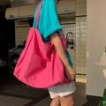 Minimalist large capacity pink canvas shoulder bag for women with outer pocket detail - Rose Pink