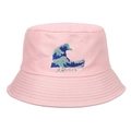 Pink cotton bucket hat with embroidered ocean wave art and wide brim for sun protection - Adjustable / Pink