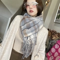 Sciarpa spessa in cashmere da donna a quadri blu grigio marrone con frange eleganti - 68*176cm / Grigio Blu