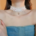 Detail of white lace choker featuring pink bows and a sparkling heart-shaped pendant - 47# Pink-White Necklace