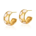 Elegant C-shaped brass earrings with white enamel dots and 18K gold plated finish - White Polka Dot C-Shape (KE0720-2)