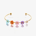 Gold stainless steel bracelet featuring five colorful woven zircon flower charms - Multicolor (Polished Flower Bangle)