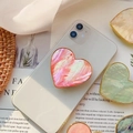 Pink heart-shaped phone grip with gold electroplated edge and shell texture - Gold Heart Grip / Orange Scallop Shell