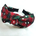Red and green plaid Christmas headband with white snowflake patterns and twist knot - Snowflake Red Green Patchwork Plaid