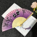 Chinese purple gradient folding fan with panda bamboo ink art and silk tassel - Panda Bamboo - Light Handle Purple