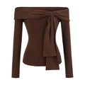 Coffee brown off-the-shoulder long sleeve knit top with a stylish front bow detail - S / Cocoa Brown