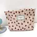 Beige corduroy makeup bag with red flower pattern and Time To Party label - Pink Rose