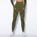 Detail of army green seamless yoga set featuring mesh cutouts and ribbed texture fabric - Army Green