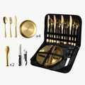 Golden stainless steel camping cutlery set for 4 with plates and black storage bag - Gold 20-Piece Set