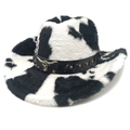 Detail of plush cow print cowboy hat with black leather band and metal bull head emblem - M (56-58cm) / Straight Crown Black