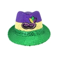 Chapeau de jazz à paillettes Mardi Gras violet jaune et vert avec plume et décoration masque - Taille unique / Chapeau de jazz style masque B