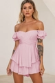 Rosa schulterfreies Stufenkleid mit Laternenärmeln und mehrlagigem Rocksaum - Rosa