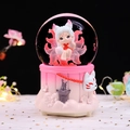 Pink nine-tailed fox music box with rotating snow globe and sakura relief base - -027 Pink Base / Medium 80mm Light + Music
