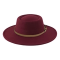 Detail of burgundy wool fedora hat featuring a brown leather band and metallic buckle - One Size(58cm) / Burgundy