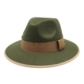 Dark green wool fedora hat with brown band and beige brim piping in British style - M (56-58cm) / Army Green