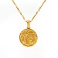 Golden Leo zodiac pendant necklace with lion head and sunburst engraving on round charm - Leo
