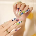 Faux ongles Halloween 3D avec grands yeux de dessin animé, forme cercueil longue - Style Gros Œil Goutte Vert Rose (JP1246)