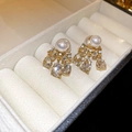 Detailed close-up of gold fringe earrings with pearls and teardrop crystals in a jewelry box - Rhinestone Waterdrop Pearl Style / Gold (925 Sterling Silver Pin)