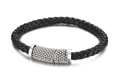 Men's braided black leather bracelet with silver textured caviar magnetic clasp - Black Braided Style (KB97924-K)