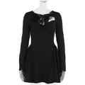 Detail of black long-sleeve dress with sweetheart neckline and ruched flared skirt hem - XS / Black