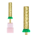 Macro view of gold-plated carbide nail drill bit with green ring and fine cross-cut texture - Hk-81 Grinding Head