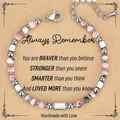 Macro shot of 4mm pink zebra jasper beads and silver charms on a handmade bracelet - Always Card Style / With Card / Pink Zebra Jasper