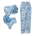 Florale 3-delige badmode set met 3D-roos bandeau top en bijpassende lange omslagrok - S / Bandeau Badpak Set