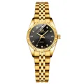 Women's quartz watch featuring gold-tone stainless steel band and black rhinestone dial - Gold Case Black Dial Female