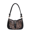 Fashionable leopard print shoulder bag with black leather stitching and gold buckle - Black