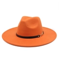 Detail of orange wool fedora hat featuring a black band with a gold metal chain buckle - M (56-58cm) / Orange