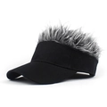 Detail view of creative black sun visor hat with greyish-white synthetic hair wig decoration - Black + Gray